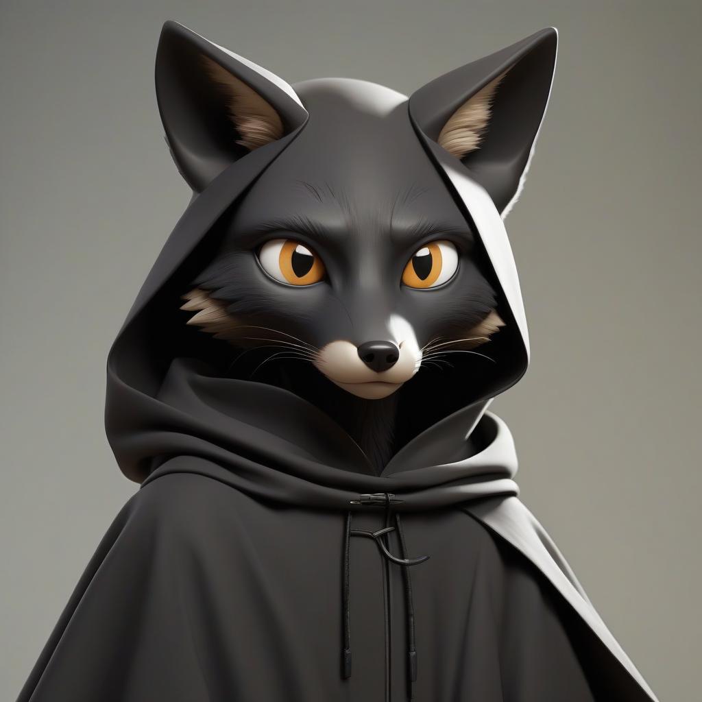  fox, humanoid body, cloak, eyes in the form of black rectangles. rectangle shaped eyes