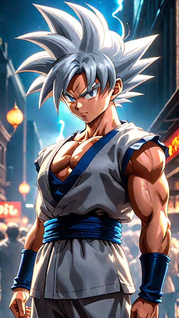  anime art of goku from dragon ball with silver hair and eyes, silver aura, crowd and gods in awe hyperrealistic, full body, detailed clothing, highly detailed, cinematic lighting, stunningly beautiful, intricate, sharp focus, f/1. 8, 85mm, (centered image composition), (professionally color graded), ((bright soft diffused light)), volumetric fog, trending on instagram, trending on tumblr, HDR 4K, 8K