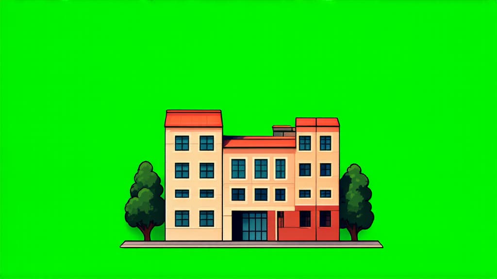  flat illustration, flaticon, (illustration:1.15), building on green background ar 16:9, [cory loftis, strobist, pascal campion :: 0.2]