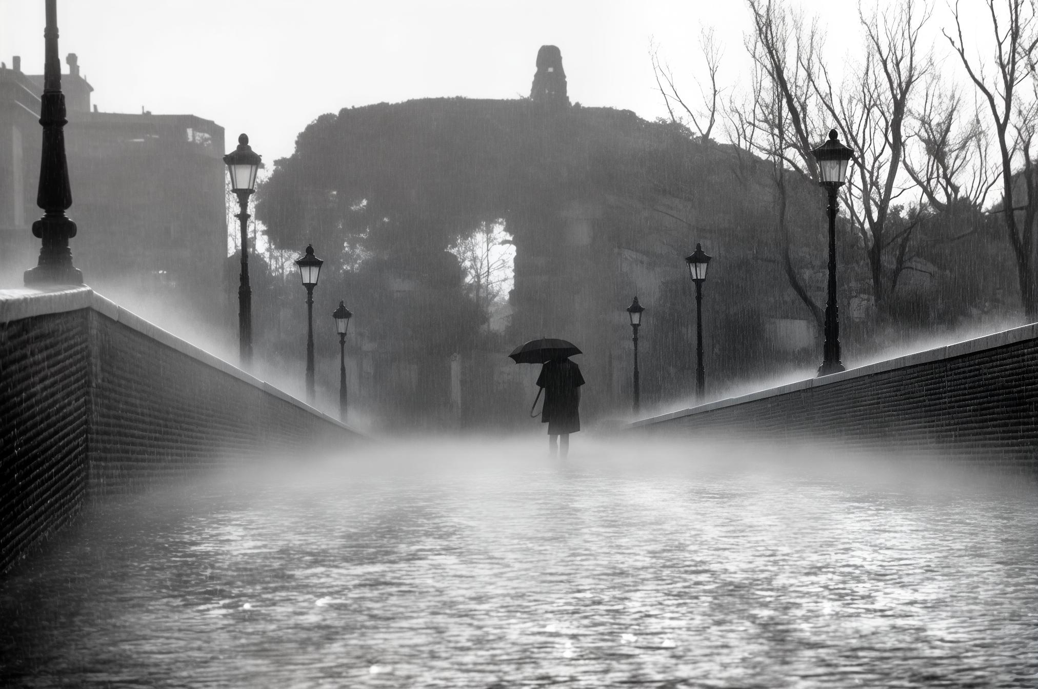  master piece, best quality, distant man's back one handed umbrella short sleeved rainy day