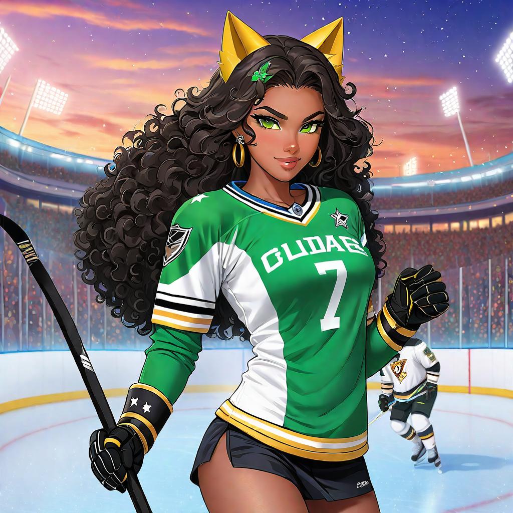  anime art very beautiful, female hockey player egyptian woman dark brown skin, has curly black/brown hair and bright green eyes. has septum piercing, golden arm band, beads and jewelry in hair, has sandy cat ears and tail, hockey player, on ice rink, hockey stick, blue and yellow jersey with stars, full body., award winning, professional, highly detailed, masterpiece