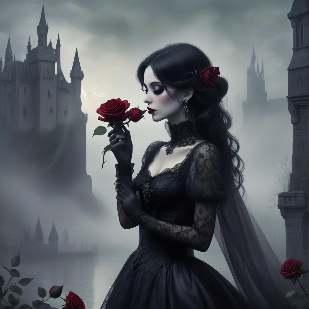  a gothic styled woman holds a rose to her nose against a misty castle backdrop, exuding mystery and elegance. a gothic woman with dark, styled hair leans in to touch a black rose with deep red accents, her eyes closed in contemplation. she wears intricate lace attire, complete with lavish earrings. the background features a misty, ethereal landscape with faint, shadowy castle silhouettes, enveloped in greenish hues, enhancing the mysterious atmosphere.