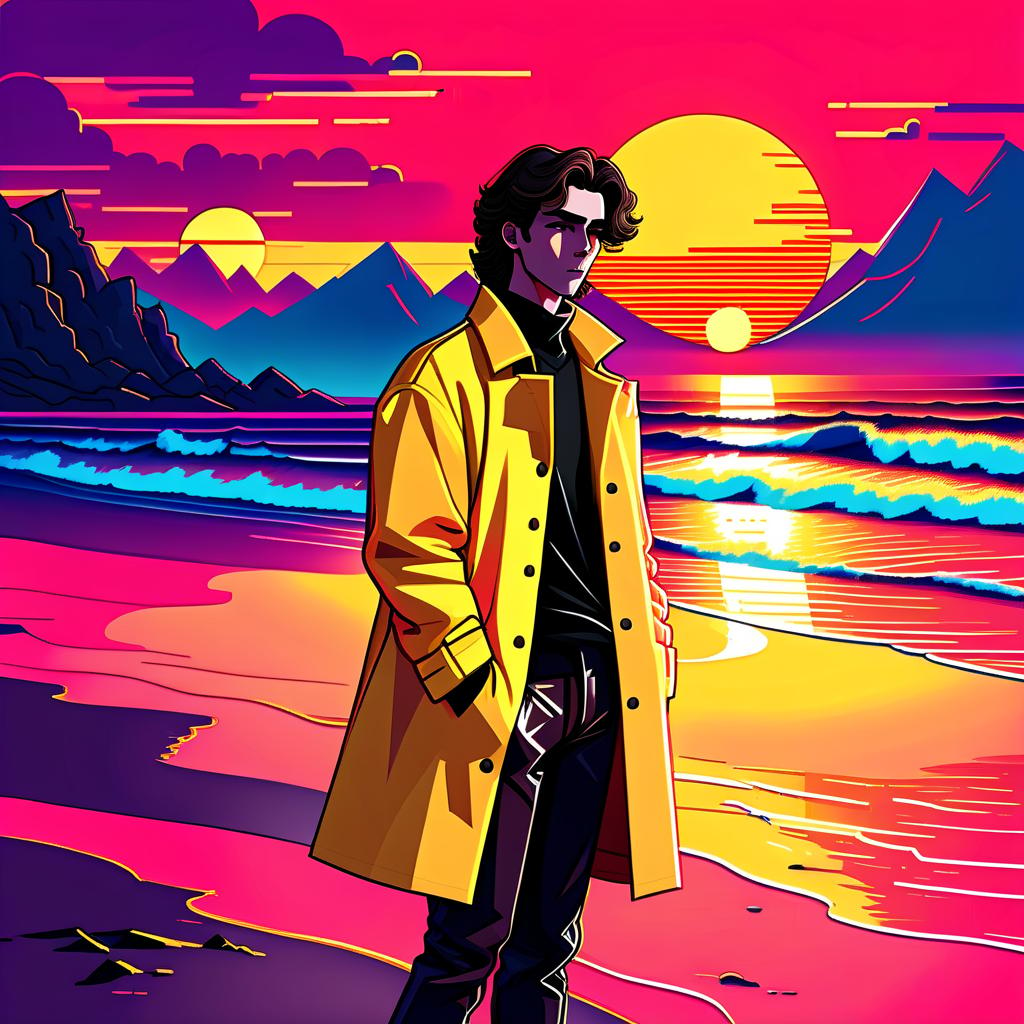  vaporwave style a young man stands on the beach. he has long dark brown hair that gently falls on his shoulders, and his face, with jewish and slavic features, exudes calmness with brown eyes. he is dressed in a bright yellow coat that immediately attracts attention and contrasts with the surrounding landscape. under the coat is a black shirt, and black pants are additionally decorated with yellow elements, creating a harmonious and stylish image. the sun sets over the horizon, shrouding everything around in red shades, and bright red stripes lie on the surroundings contrasting with the darkness and creating a magical atmosphere. . retro aesthetic, cyberpunk, vibrant, neon colors, vintage 80s and 90s style, highly detailed