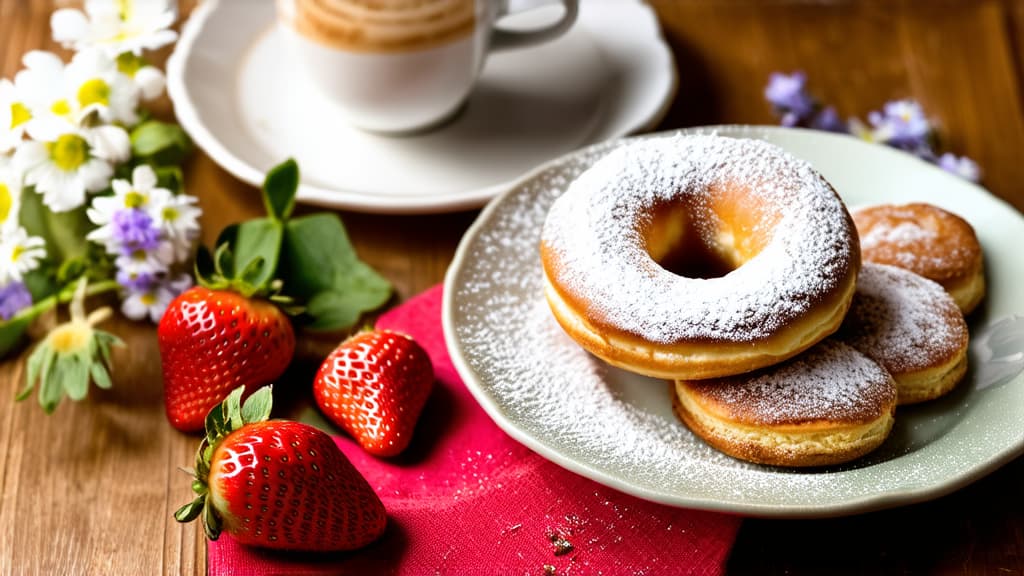  plate of pastries next to a cup of coffee, photo on a wooden table, flowers and strawberries, powdered sugar, donut, profile picture, cozy, lots of details ar 16:9 {prompt}, maximum details