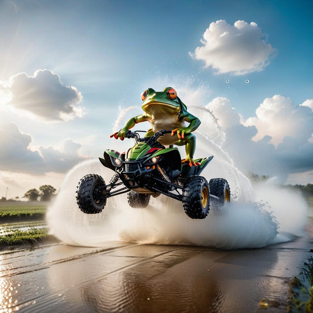  cinematic photo frog races on a quad bike through clouds of spray . 35mm photograph, film, bokeh, professional, 4k, highly detailed, civitai, on parchment