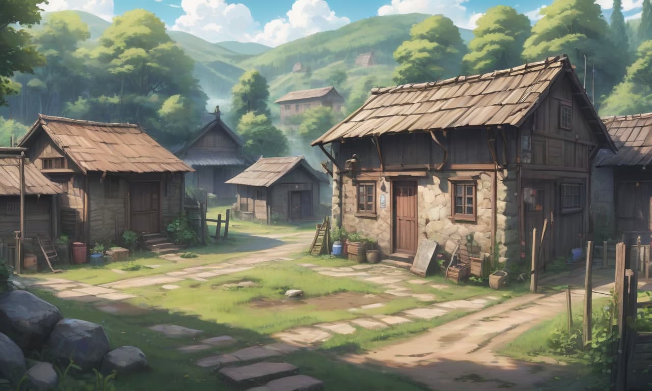  anime artwork village, russian, poor, stone house, wooden sheds, gloom, yard of the house, day . anime style, key visual, vibrant, studio anime, highly detailed