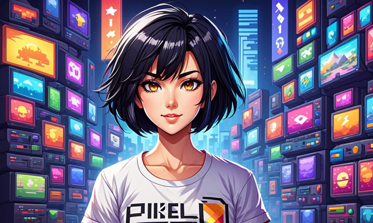  retro game art portrait , beautiful anime girl, with black hair, beautiful eyes, tight shirt , short haircut . 16 bit, vibrant colors, pixelated, nostalgic, charming, fun