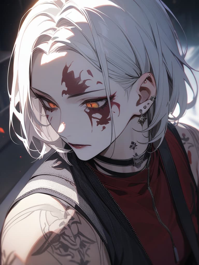  king of fallen, look down, man, white hair, tattoo, cigarettes, piercings, alcohol, lucifer, last boss character, zombie makeup, masterpiece, best quality,8k,ultra detailed,high resolution,an extremely delicate and beautiful,hyper detail