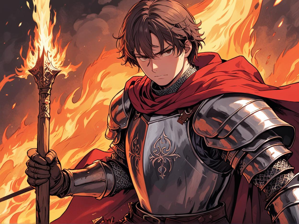  manga artwork a ragged stern male knight standing in front of a fire while wielding a spear, wearing a red cape. manga artist. manga, highly emotional. best quality, high resolution