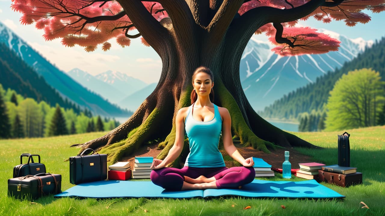  a serene landscape divided into five sections: health, relationships, career, personal growth, and finance. each section features symbolic items like a yoga mat, family portrait, briefcase, book, and money tree, radiating harmony and balance. hyperrealistic, full body, detailed clothing, highly detailed, cinematic lighting, stunningly beautiful, intricate, sharp focus, f/1. 8, 85mm, (centered image composition), (professionally color graded), ((bright soft diffused light)), volumetric fog, trending on instagram, trending on tumblr, HDR 4K, 8K