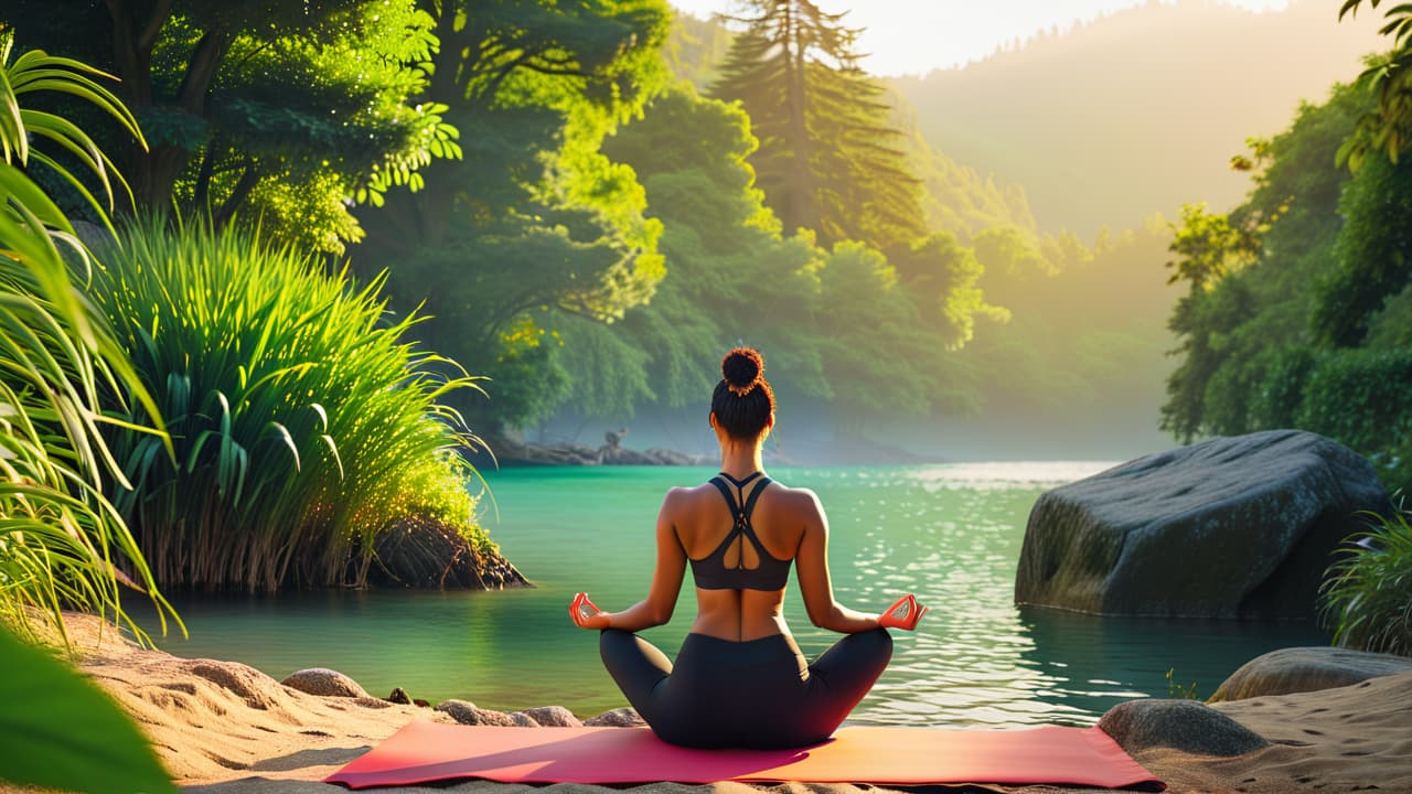  a serene landscape featuring a diverse group of people engaging in yoga, meditation, and nature walks, surrounded by vibrant greenery, calming water, and healthy food, embodying balance in mind, body, and spirit. hyperrealistic, full body, detailed clothing, highly detailed, cinematic lighting, stunningly beautiful, intricate, sharp focus, f/1. 8, 85mm, (centered image composition), (professionally color graded), ((bright soft diffused light)), volumetric fog, trending on instagram, trending on tumblr, HDR 4K, 8K