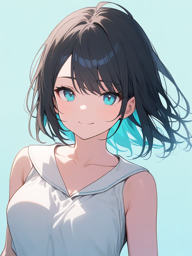  ultra detailed:1.2,masterpiece:1.2,best quality,masterpiece,bestquality,hdr:1.1,8k:1.1,very cute girl:1.3,(((off center part hair,black hair:1.7)))(short hair:1.1),forehead:1.3,((from front:1.5)),(upper body:1.2)(face focus:1.2),(white sailor sundress:1.2)(smile:1.3)(light aqua background color:1.6)