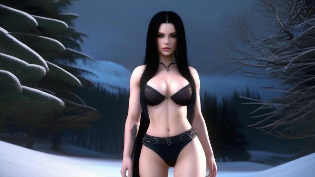  5 age girls,full body shot, pale skin supernatural evil long black hair black eyeshadow full glowing white eyes tattoos standing in knee deep snow no top wearing only white cotton mesh ,beautiful faces,8k,highly detailed, photorealistic ,unreal engine,giant testicle bulge in between their legs in hair region