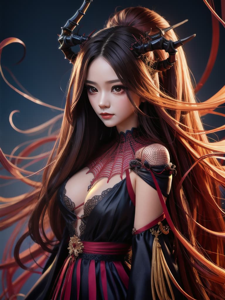  spider demon, 1 female, human spider hybrid face, solo, female focus, long flowing hair, silk like dress, portrait, multiple eyes, looking at viewer, realistic, closed mouth, close up, spider legs visible, dark background, ethereal glow