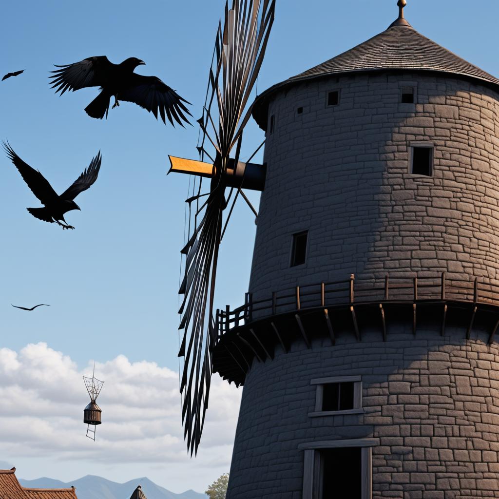  a funny dungeons & dragons monk being attacked by ravens near a old windmill photo realistic, highly intricate and detailed, masterpiece, ultra high res,photography,8k resolution