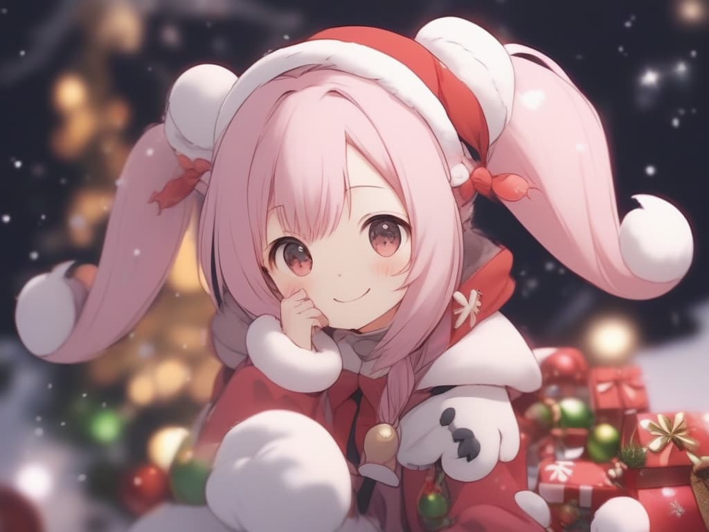  1girl,christmas,twin tail pink hair,black eyes,cute,smile,santa cosplay,