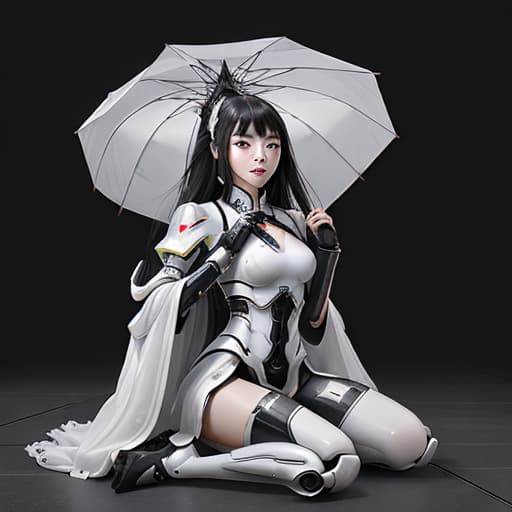  ,beautiful chinese girl wearing white and black mecha armor, full body photo with long hair, sitting on the ground holding an umbrella in her hand, in the style of cyberpunk, with a futuristic robot design and mecha armor details, chest to waist ratio of 3/4, full body photo, in the style of cyberpunk.