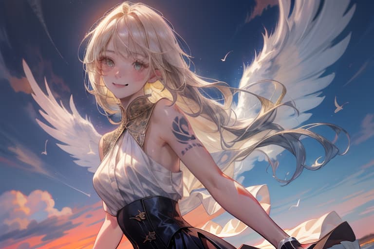  silhouette, solo, cloudy sky, beautiful sunset, stunning background, (upper body:1.2), highly detailed, masterpiece, best quality, solo, pale, thin, shy dark yellow eyes, blonde long curvy hair, faint scars, thigh high heels, skirt, demon wings, tattoos, envious, crazy smile, throne