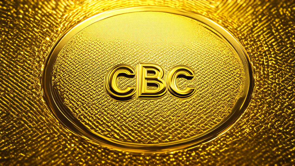  professional detailed photography, "cdbc" on metallic gold circle, on abstract digital glowing gold background ar 16:9, (muted colors, dim colors, soothing tones), (vsco:0.3)