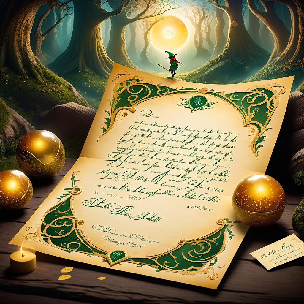  a big letter in a fictional language, an invitation to a ball for a little girl, magic, elves, craft paper, fantasy, hobbits, full screen letter