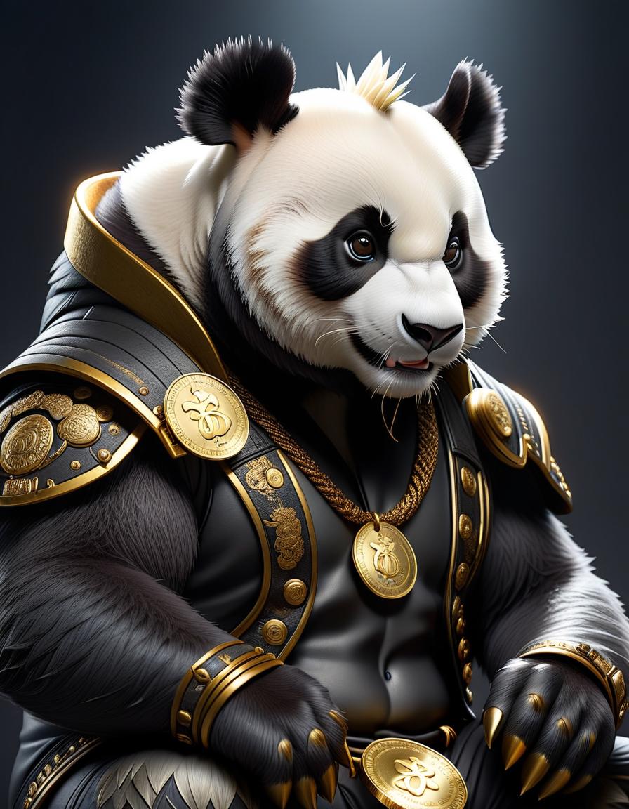  create a panda with a mohawk on its head and a large coin in its paws on a dark gray background hyperrealistic, full body, detailed clothing, highly detailed, cinematic lighting, stunningly beautiful, intricate, sharp focus, f/1. 8, 85mm, (centered image composition), (professionally color graded), ((bright soft diffused light)), volumetric fog, trending on instagram, trending on tumblr, HDR 4K, 8K