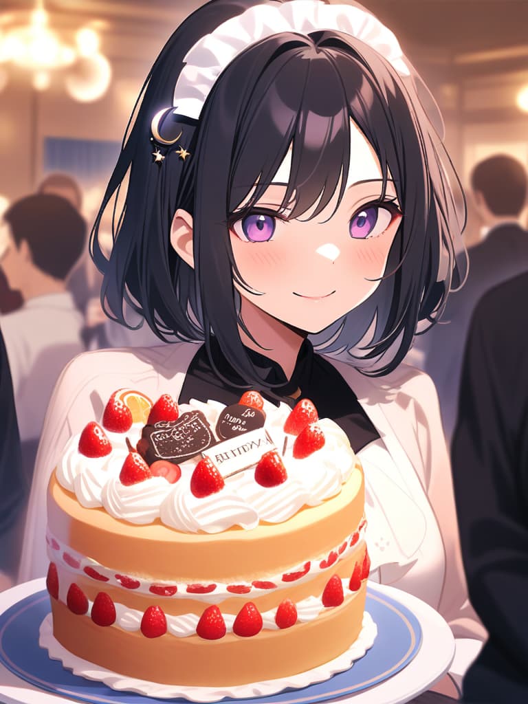  birthday party,large crowd,100 people,whole cake,birthday cake,crackers,gorgeous dress ,decorations,indoors,cool girl,black hair,(purple eyes)1.1,short,cropped hair,(crescent moon hair ornament)1.2,smile,