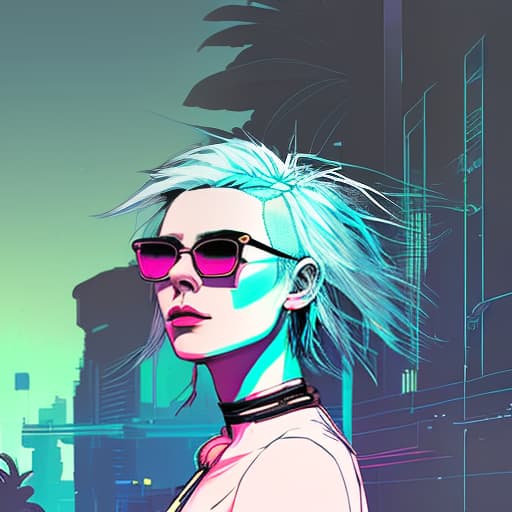 nvinkpunk a woman with white hair, a short haircut. in sunglasses, a t shirt top, with a choker around her neck, standing against a neon sunset. coast of the sea, shade of palm trees. digital photo. high detail. high realism.