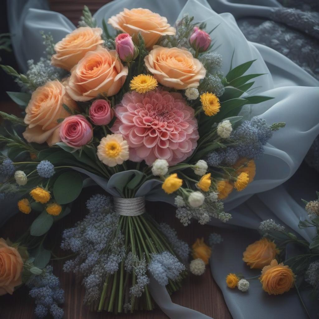  Bouquet of levkoev hyperrealistic, full body, detailed clothing, highly detailed, cinematic lighting, stunningly beautiful, intricate, sharp focus, f/1. 8, 85mm, (centered image composition), (professionally color graded), ((bright soft diffused light)), volumetric fog, trending on instagram, trending on tumblr, HDR 4K, 8K