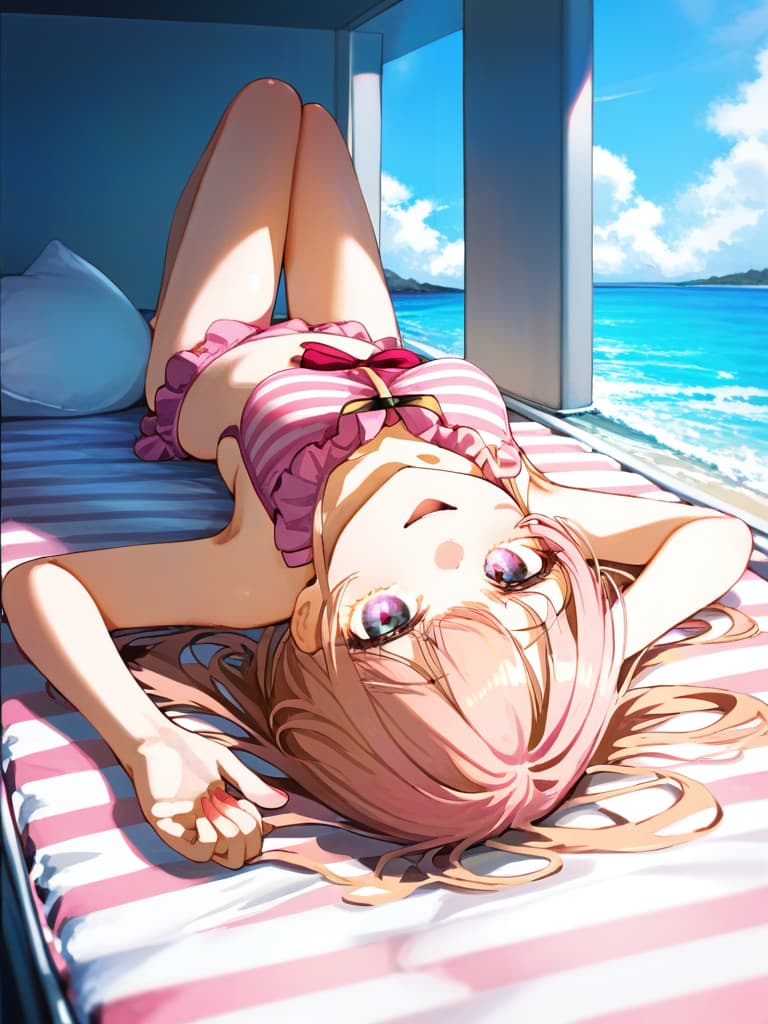  ultra detailed:1.2,masterpiece:1.2,best quality,masterpiece,bestquality,hdr:1.1,8k:1.1,very cute girl:1.3,(pink color,frill ,swimwear:1.6),(lying,at striped float bed on sea:1.8) ,smile:1.4 ,(blonde hair,twin tail,drill hair:1.3) ,(on the sea:1.7),cowboy shot:1.3,dutch angel:1.5,open mouth,(upside down:1.7)(from above:1.1)((eyes highlight:1.1))