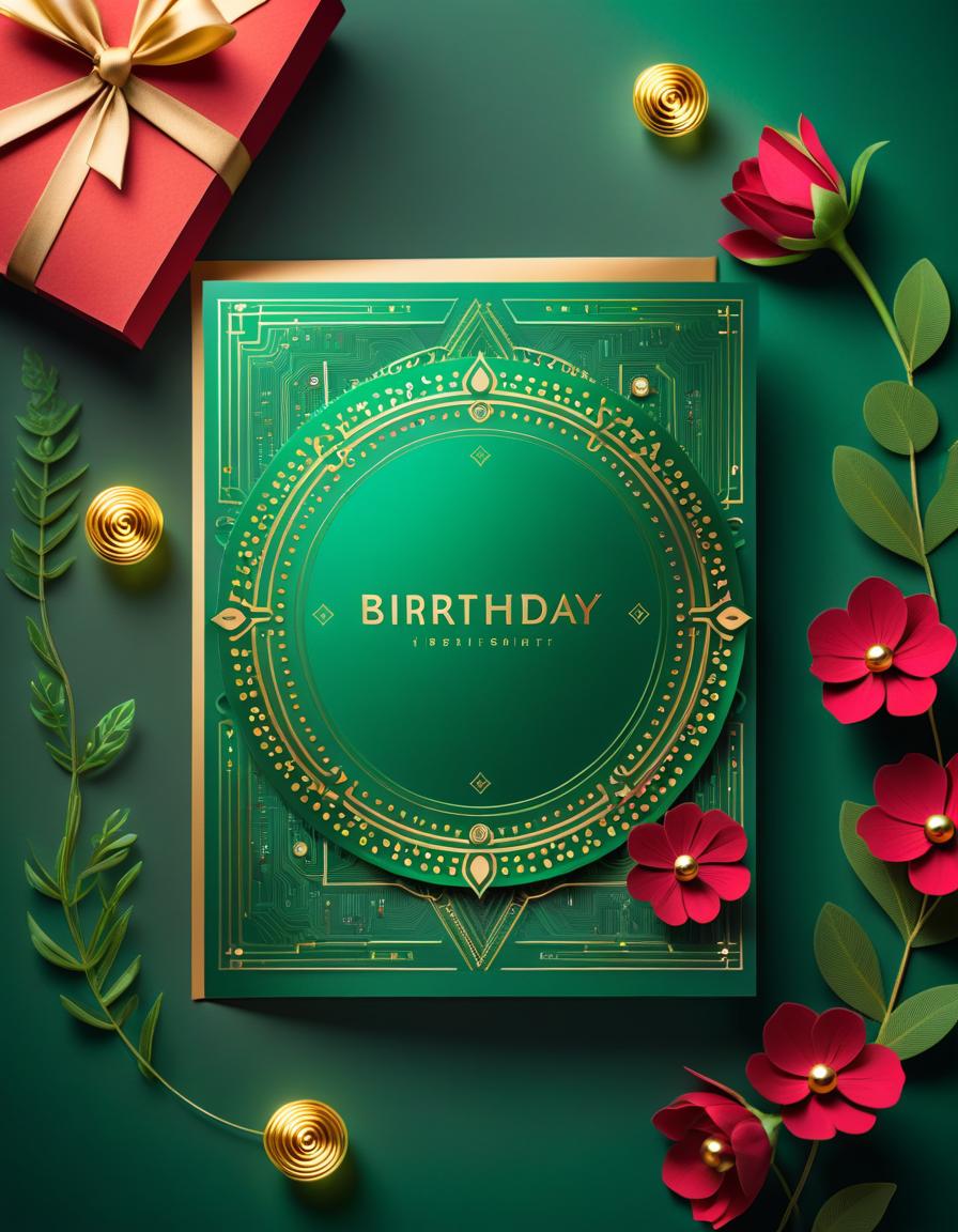  ethereal fantasy concept art of (birthday greeting card:1.5), card design: green background with (decorated with electronics style pcb tracks ). in the center of the card is a flower shaped computer processor, there is an inscription on top of the postcard text "microelectronics", (computer processor:1,1), (led:1,2), led color:golden, silvery white, burgundy, green. (style) :fantasy, design art, retro, postcards. . magnificent, celestial, ethereal, painterly, epic, majestic, magical, fantasy art, cover art, dreamy, hkmagic, text hyperrealistic, full body, detailed clothing, highly detailed, cinematic lighting, stunningly beautiful, intricate, sharp focus, f/1. 8, 85mm, (centered image composition), (professionally color graded), ((bright soft diffused light)), volumetric fog, trending on instagram, trending on tumblr, HDR 4K, 8K