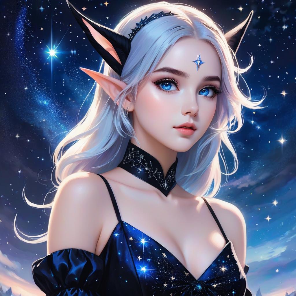  ethereal fantasy concept art of 1 girl dressed in a sparkling black dress with elf ears and deep blue eyes, gazes up at the midnight sky which is filled with stars. magnificent, celestial, ethereal, painterly, epic, majestic, magical, fantasy art, cover art, dreamy