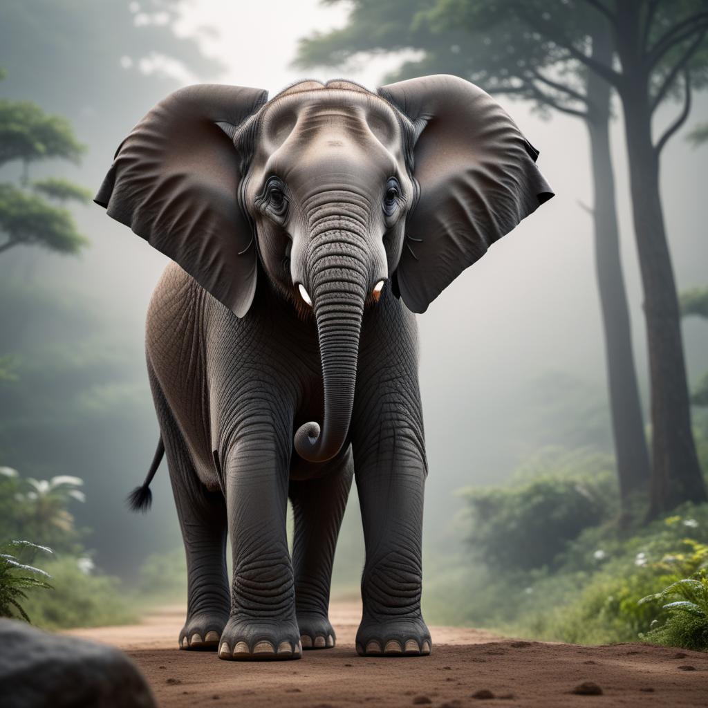  a cartoon elephant, cute and fun, in a playful pose hyperrealistic, full body, detailed clothing, highly detailed, cinematic lighting, stunningly beautiful, intricate, sharp focus, f/1. 8, 85mm, (centered image composition), (professionally color graded), ((bright soft diffused light)), volumetric fog, trending on instagram, trending on tumblr, HDR 4K, 8K