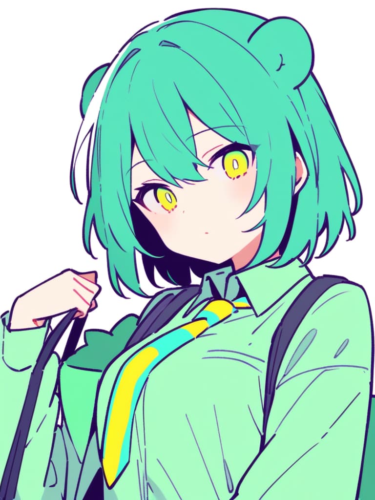  vocaloid ryuuto (vocaloid) birthday sleeve province green bag green shirt green bear both eyes bear tie neck wear libbon shirt short pan skirt stripe neckwear best women green hair a (· Ω ·) ω </s> </s> </s> </s> </s> </s> </s> </s> </s> </s> </s> </s> </s> </s> </s> </s> </s> kutai striped necktie white pupil yellow tie simple background white background 1: 1 aspect ratio flat color high resolution