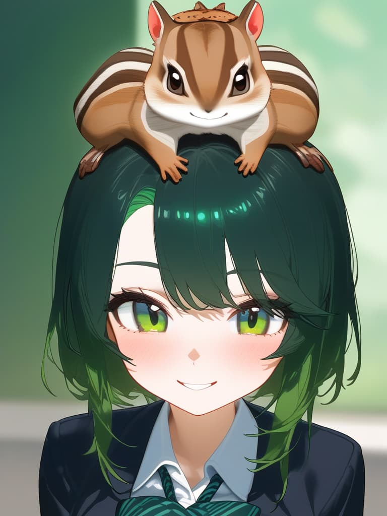  1girl,18yo,(((black high school uniform:1.5))),green hair, (((green graduated haircut hair:1.5))),(((very smile:1.3))),chipmunk,(((chipmunk on head:1.8)))