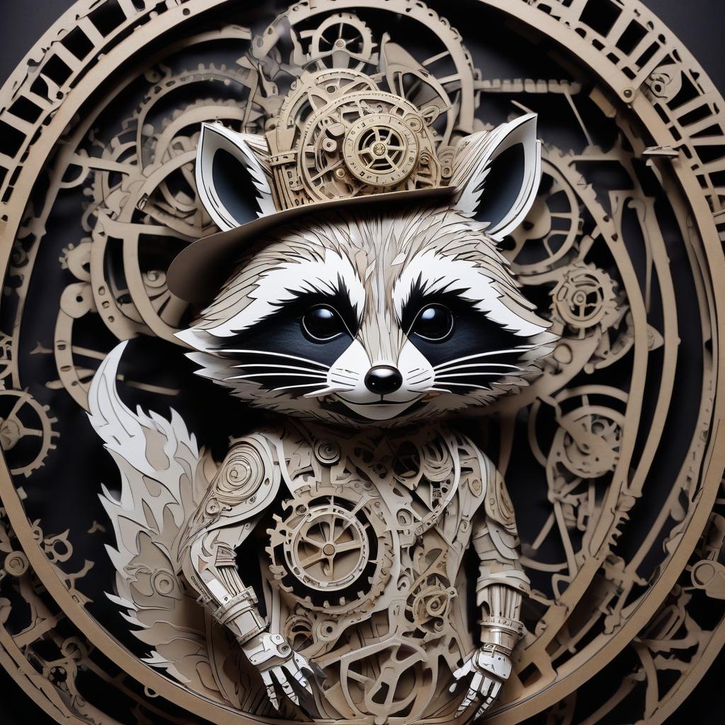  stacked papercut art of steam punk, ghost raccoon. . 3d, layered, dimensional, depth, precision cut, stacked layers, papercut, high contrast