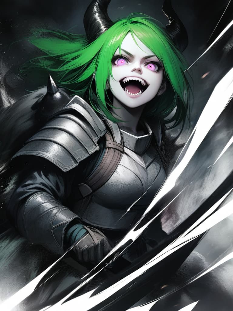  monster hunter monster hunter (character) rajang jinouga equipment armor crazy eyes female grin horns sharp teeth teeth (purple eyes) (green hair) (green aura) evil smile evil smile looking at camera smile monster spike weapon one woman battle crazy smile hammer spiked armor war hammer partially colored high resolution large file size very high resolution realistic