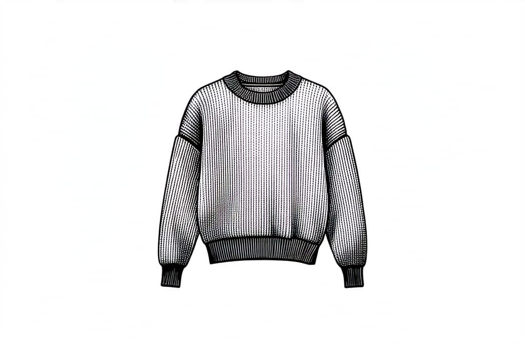  contour, very simple image in one unbroken black ink line, single line of sweater, engraving illustration, icon isolated on white background ar 3:2 using a single continuous black line ink brushon white background, drawing should be created without lifting the pen, recognizable features of sweater, engraving illustration, icon isolated on white background ar 3:2 in one unbroken line