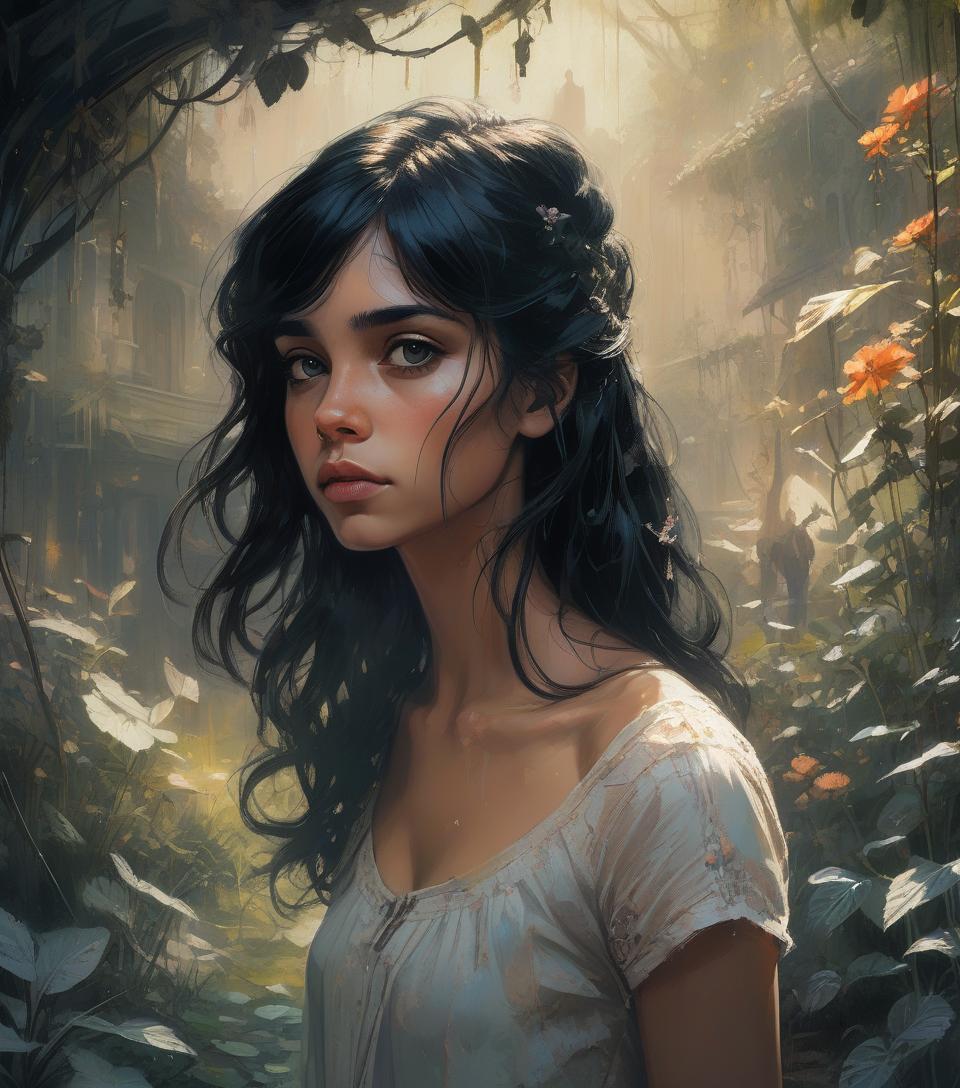  concept art complex background, dramatic light,portrait of a girl , garden, beautiful and young, black hair , cute, delicate face, stunning, cinematic, by melanie delon, rebecca sugar, frank frazetta, carne griffiths . digital artwork, illustrative, painterly, matte painting, highly detailed