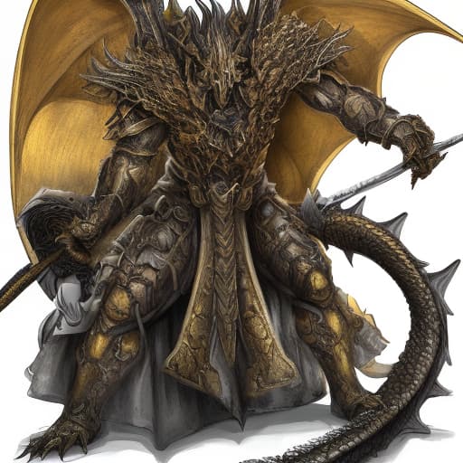 dvarchmodern arthropomorphic dragon barbarian without wings covered with golden scales, eyes burn yellow, in hand a huge sword, in the area all on fire.