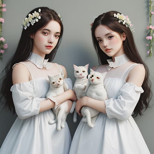  girl, wearing a dress, holding two cats one with flowers and one white.