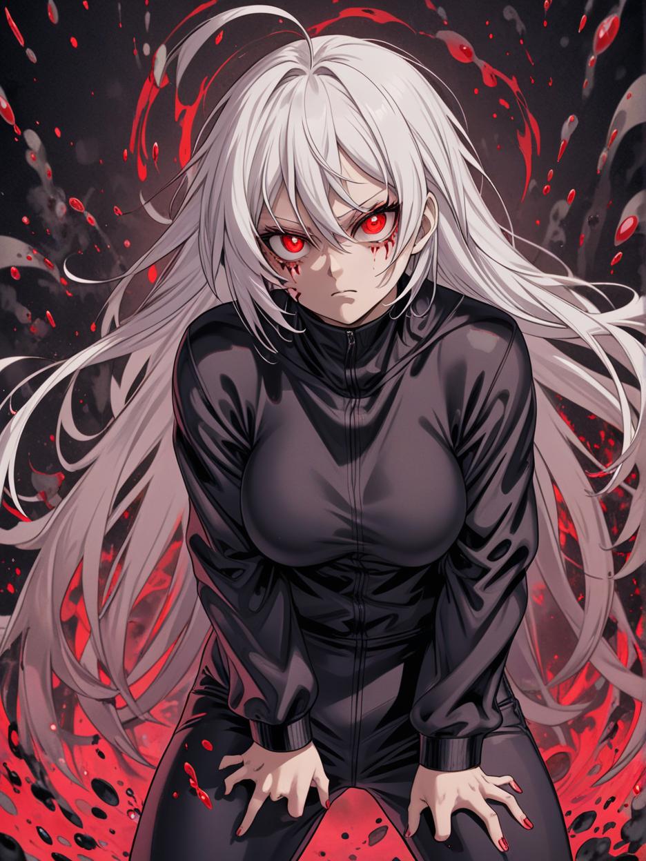  manga artwork satoru gojo, jujutsu kaisen, female version, beautiful woman with long white hair, red eyes from the galaxy. revealing her deep red eyes, super detailed eyes. compressed black clothes, baggy sweatpants. strong body. background of a black desert full of slime, hyper realistic atmospheres, details, 8k she is ready to fight, making a pose with her hand. manga artist. manga, highly emotional. best quality, high resolution