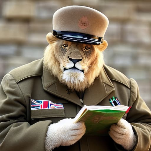 A cute lion wearing modern nato combat gear, with NATO insignia looks like a Churchill character smoking a cigar and perusing a map of Europe with is fellow allies as they decide the next battle strategy against the evil marauding enemy army marching towards the Europeans
