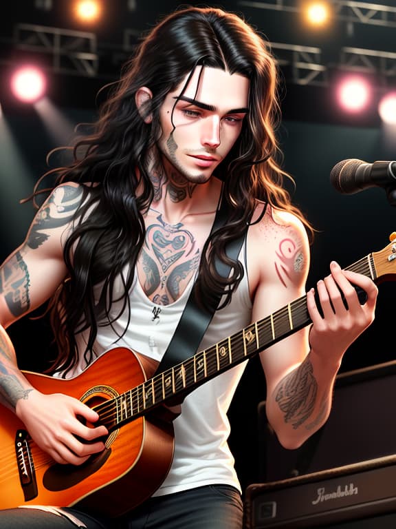  young man, long wavy black hair, lots of freckles, lots of tattoos, stubble on chin, plays guitar, concert background