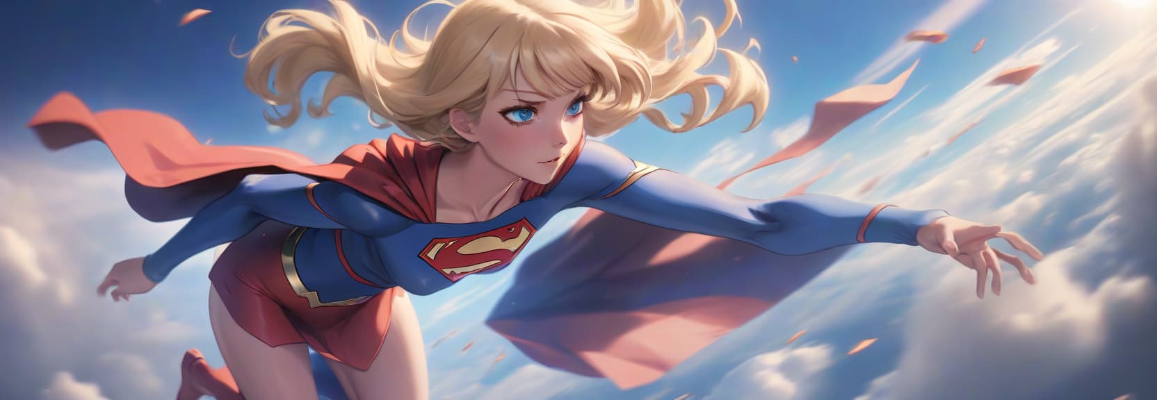  anime artwork dynamic supergirl is flying through the sky with one hand looking forward . anime style, key visual, vibrant, studio anime, highly detailed