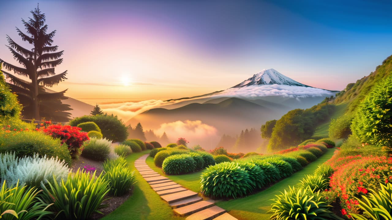  a serene landscape featuring three distinct paths leading to different vibrant destinations: one path with a mountain peak symbolizing achievement, another with a flourishing garden for personal growth, and the last with a bright horizon for vision. hyperrealistic, full body, detailed clothing, highly detailed, cinematic lighting, stunningly beautiful, intricate, sharp focus, f/1. 8, 85mm, (centered image composition), (professionally color graded), ((bright soft diffused light)), volumetric fog, trending on instagram, trending on tumblr, HDR 4K, 8K