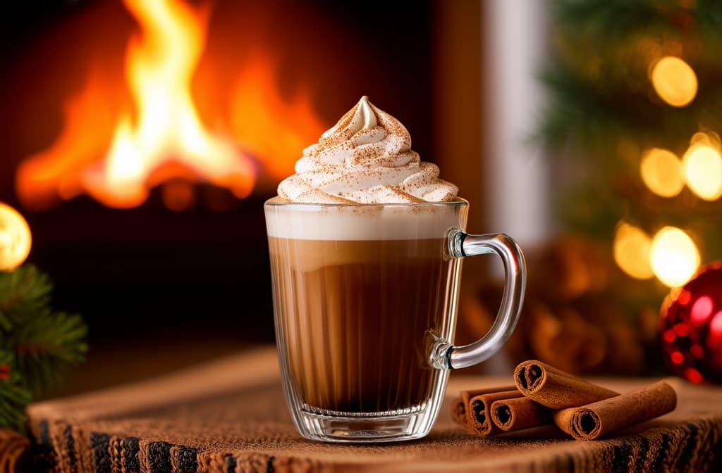  food gourmet photography style, christmas coffee in a transparent tall mug with whipped cream and cinnamon, cinnamon sticks nearby, bokeh in the background, cozy atmosphere, fireplace burning in the background ar 3:2, appetizing, professional, culinary, high resolution, commercial, highly detailed ,soft natural lighting, macro details, vibrant colors, fresh ingredients, glistening textures, bokeh background, styled plating, wooden tabletop, garnished, tantalizing, editorial quality