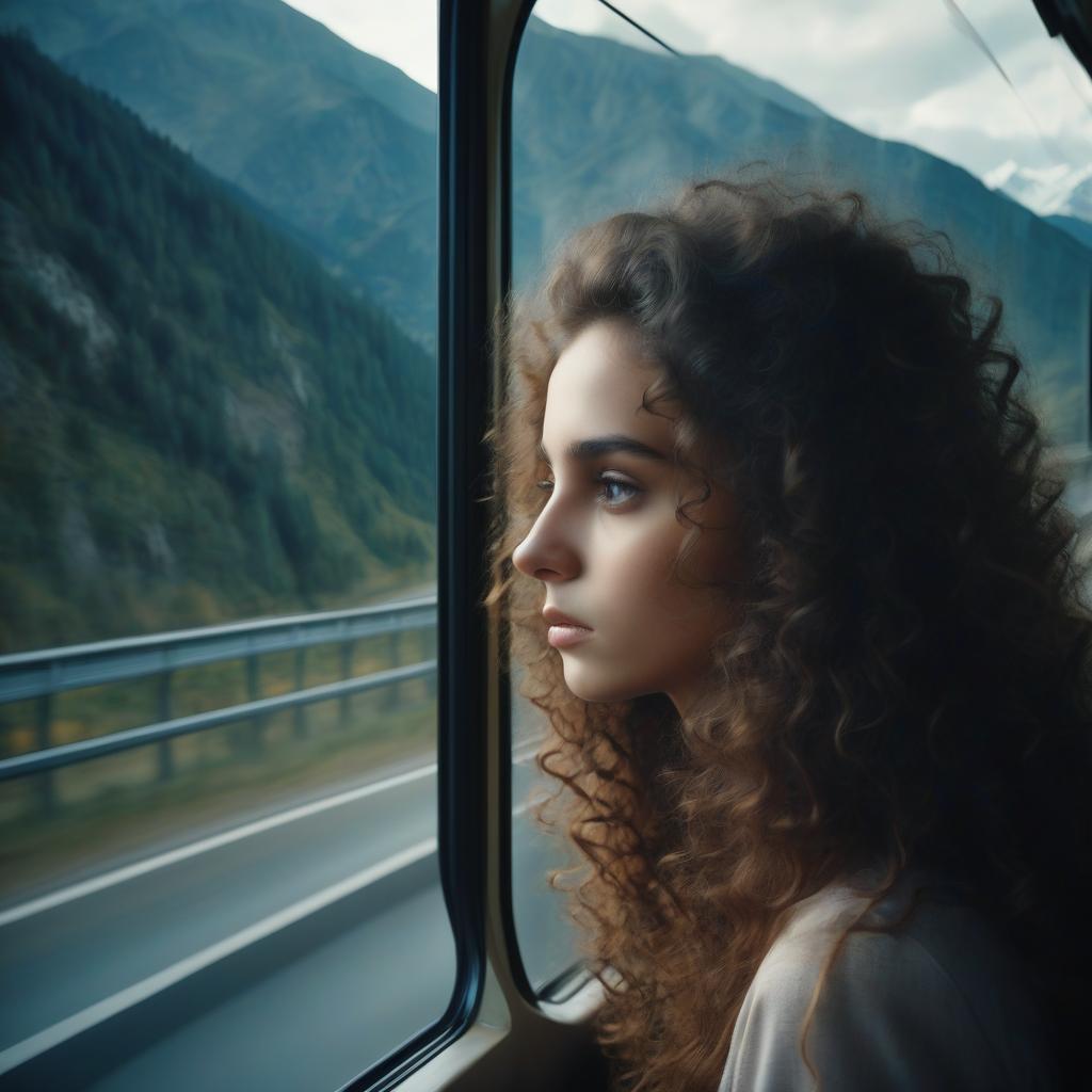  a beautiful girl with long curly hair, a brunette rides on the bus, a sad look, a view from the window, a reflection in the window of high mountains, a look at the girl on the bus from the highway