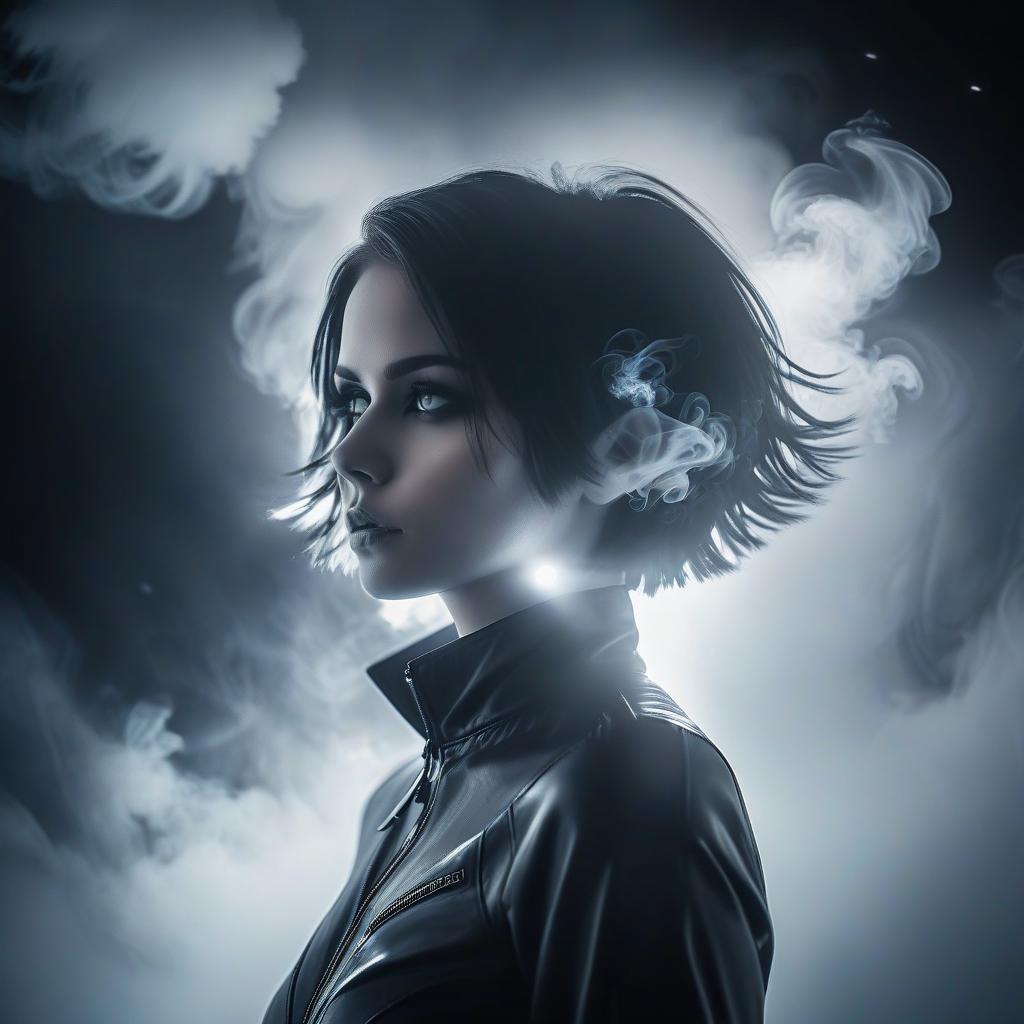  in the dark, the silhouette of a beautiful gothic girl shrouded in white fog and black clouds of smoke. short hair, haircut. in front of the sharp nosed spacecraft made of dark metal. double exposure. an alarming atmosphere. silver shimmering haze. high detail., glowneon