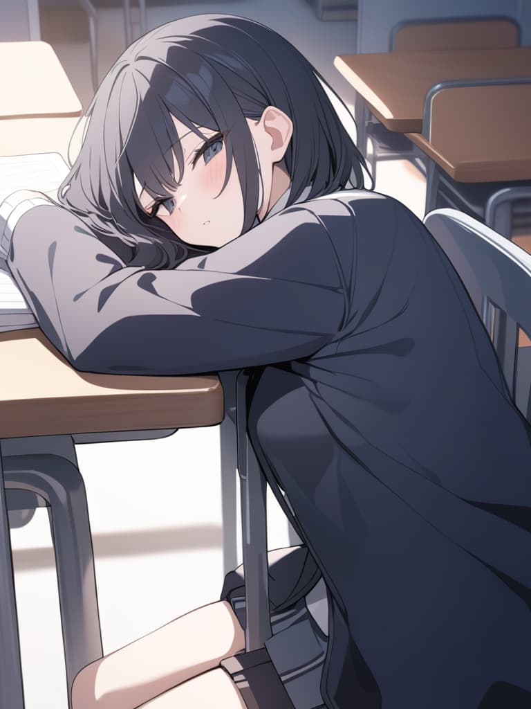  black hair, boy, wolf cut, short hair, black jacket, long sleeves, moe sleeves, cute, cool, high school students, high school students, sleeping seats, sleeping, upper body, black eyes, and desks., masterpiece, best quality,8k,ultra detailed,high resolution,an extremely delicate and beautiful,hyper detail