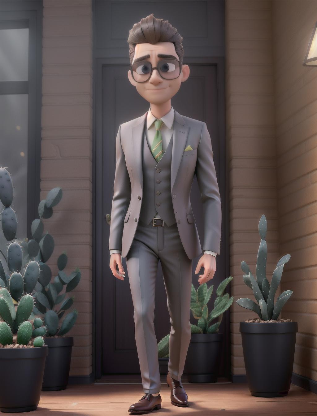  A man in a suit with sunglasses and cacti of various sizes hyperrealistic, full body, detailed clothing, highly detailed, cinematic lighting, stunningly beautiful, intricate, sharp focus, f/1. 8, 85mm, (centered image composition), (professionally color graded), ((bright soft diffused light)), volumetric fog, trending on instagram, trending on tumblr, HDR 4K, 8K